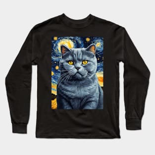 British Shorthair Cat Breed Painting in a Van Gogh Starry Night Art Style Long Sleeve T-Shirt